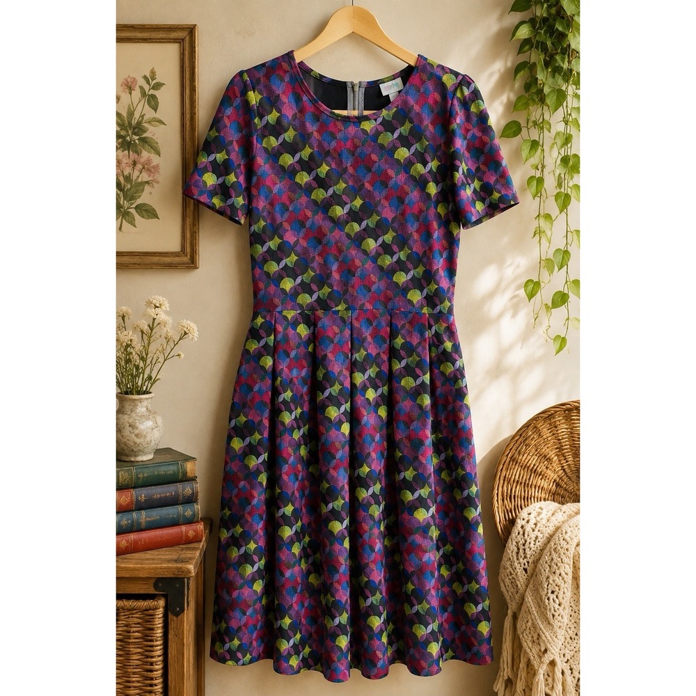 LuLaRoe Amelia Dress XL NWT Colorful Geometric Pleated Fit Flare Pockets Zip